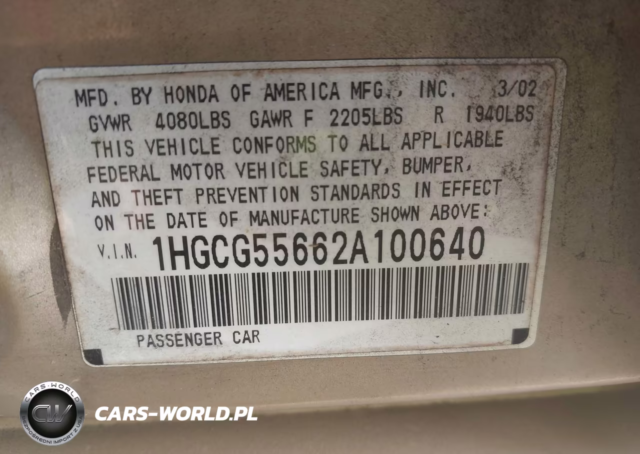 2002 Honda Accord 2.3 Ex VIN:1HGCG55662A100640 - 9