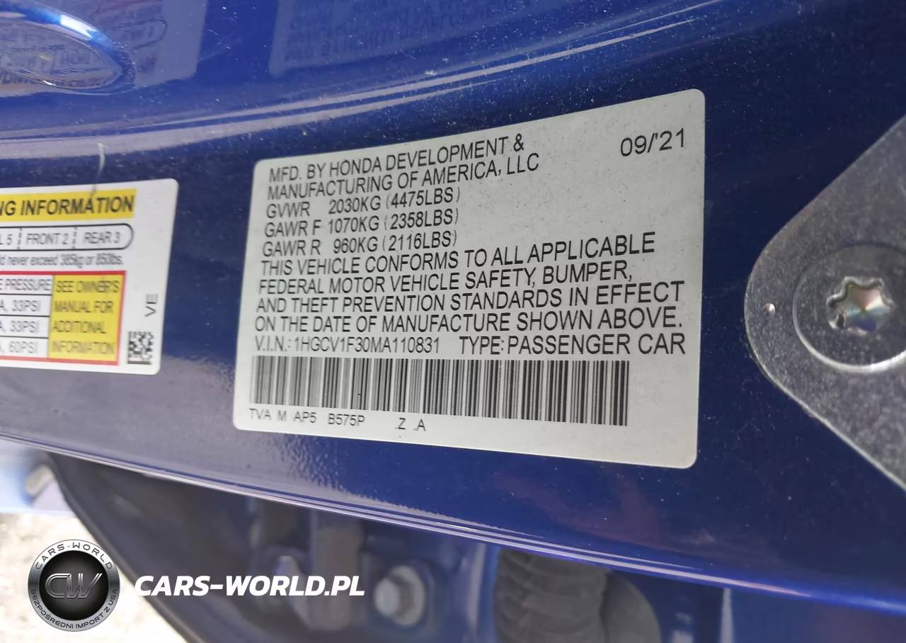 2021 Honda Accord Sport VIN:1HGCV1F30MA110831 - 9