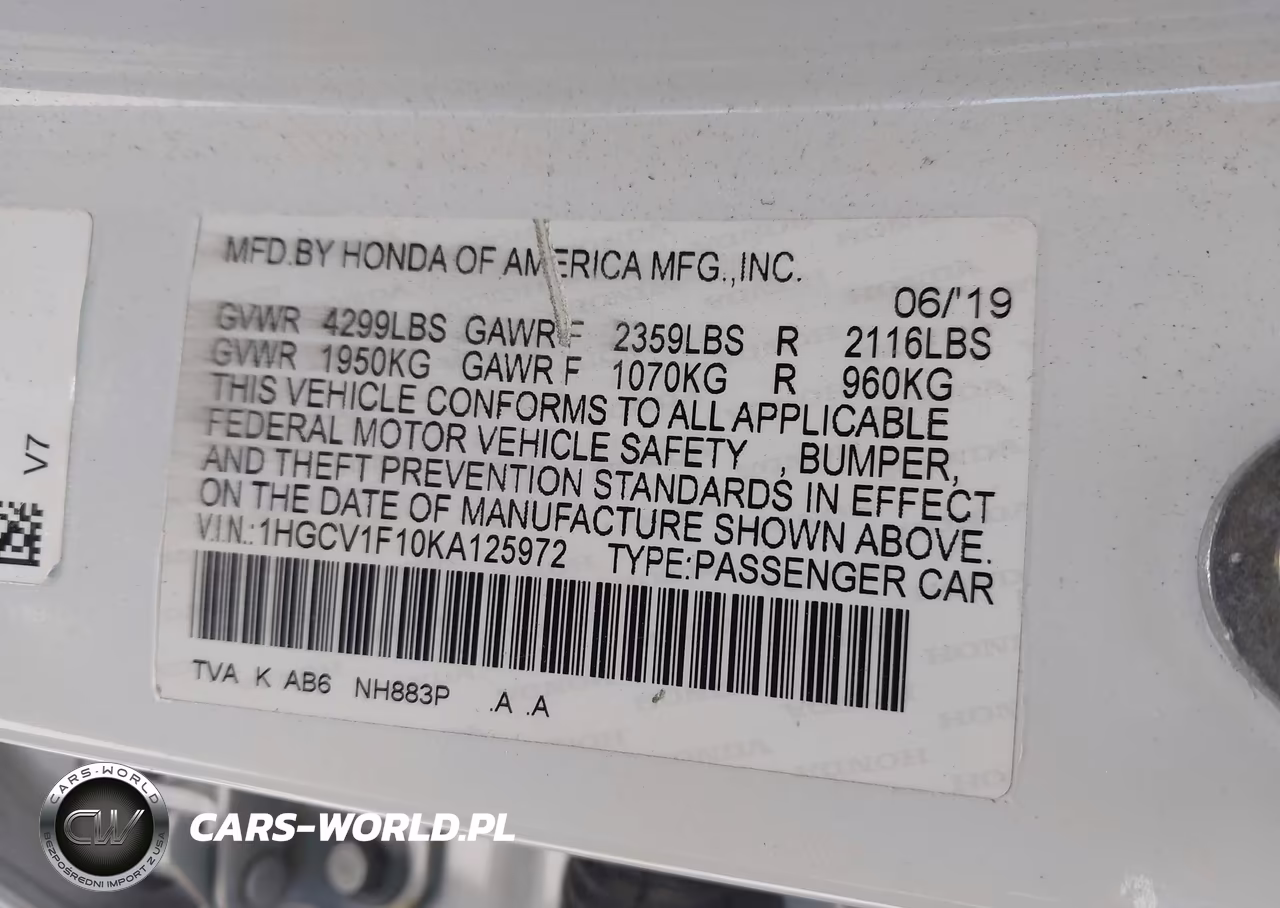 2019 Honda Accord Lx VIN:1HGCV1F10KA125972 - 9