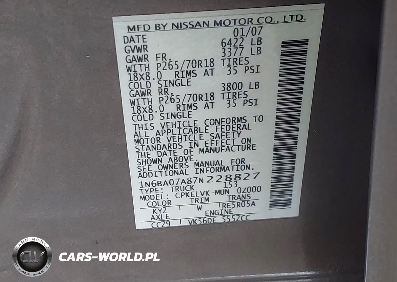 2007 Nissan Titan Le VIN:1N6BA07A87N228827 - 9