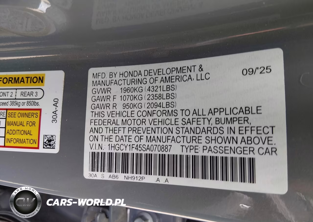 2025 Honda Accord Se VIN:1HGCY1F45SA070887 - 9