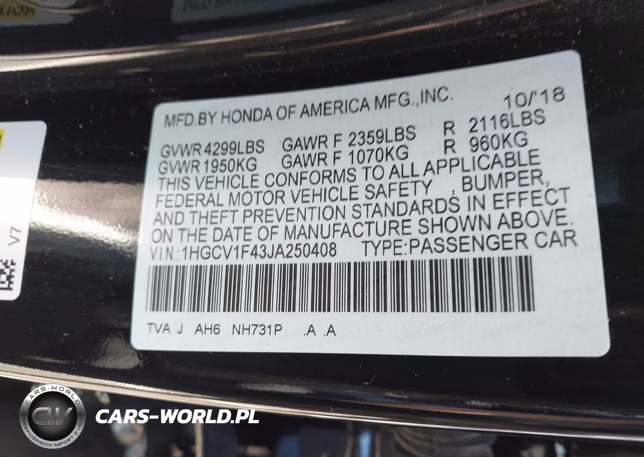 2018 Honda Accord Ex VIN:1HGCV1F43JA250408 - 9