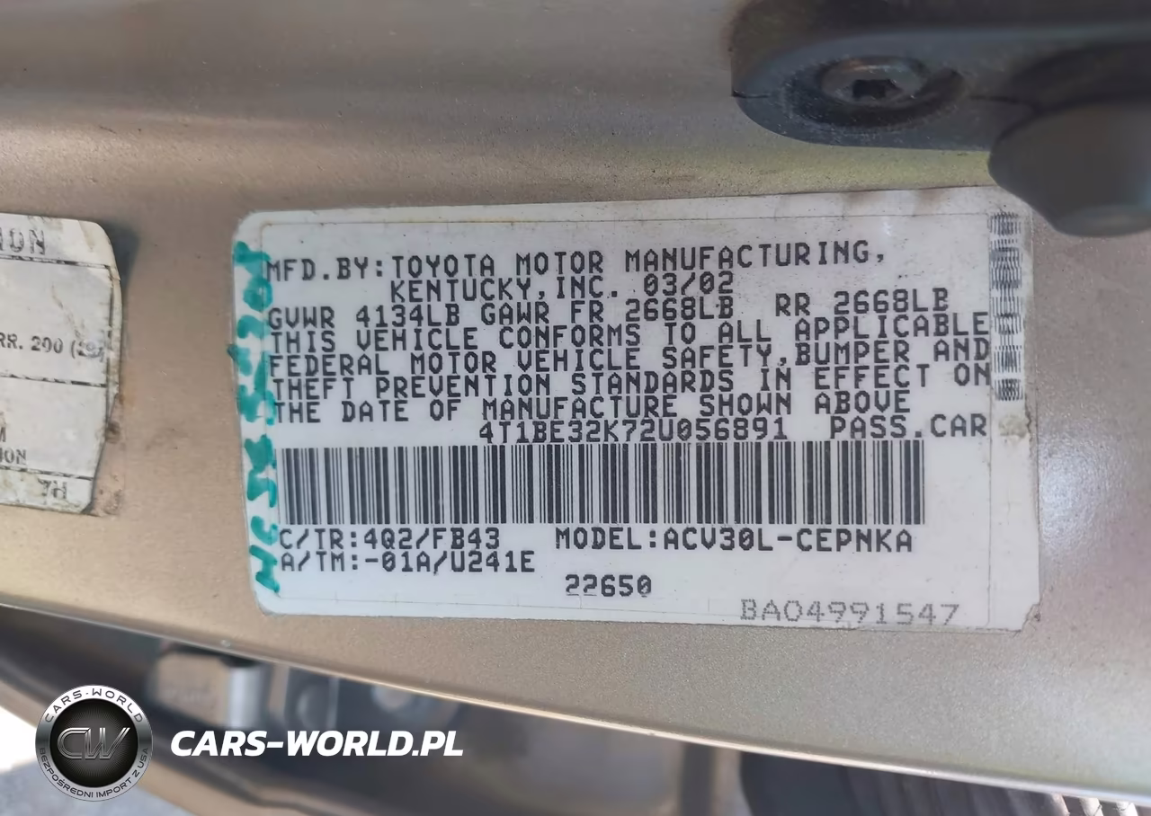 2002 Toyota Camry Le VIN:4T1BE32K72U056891 - 9