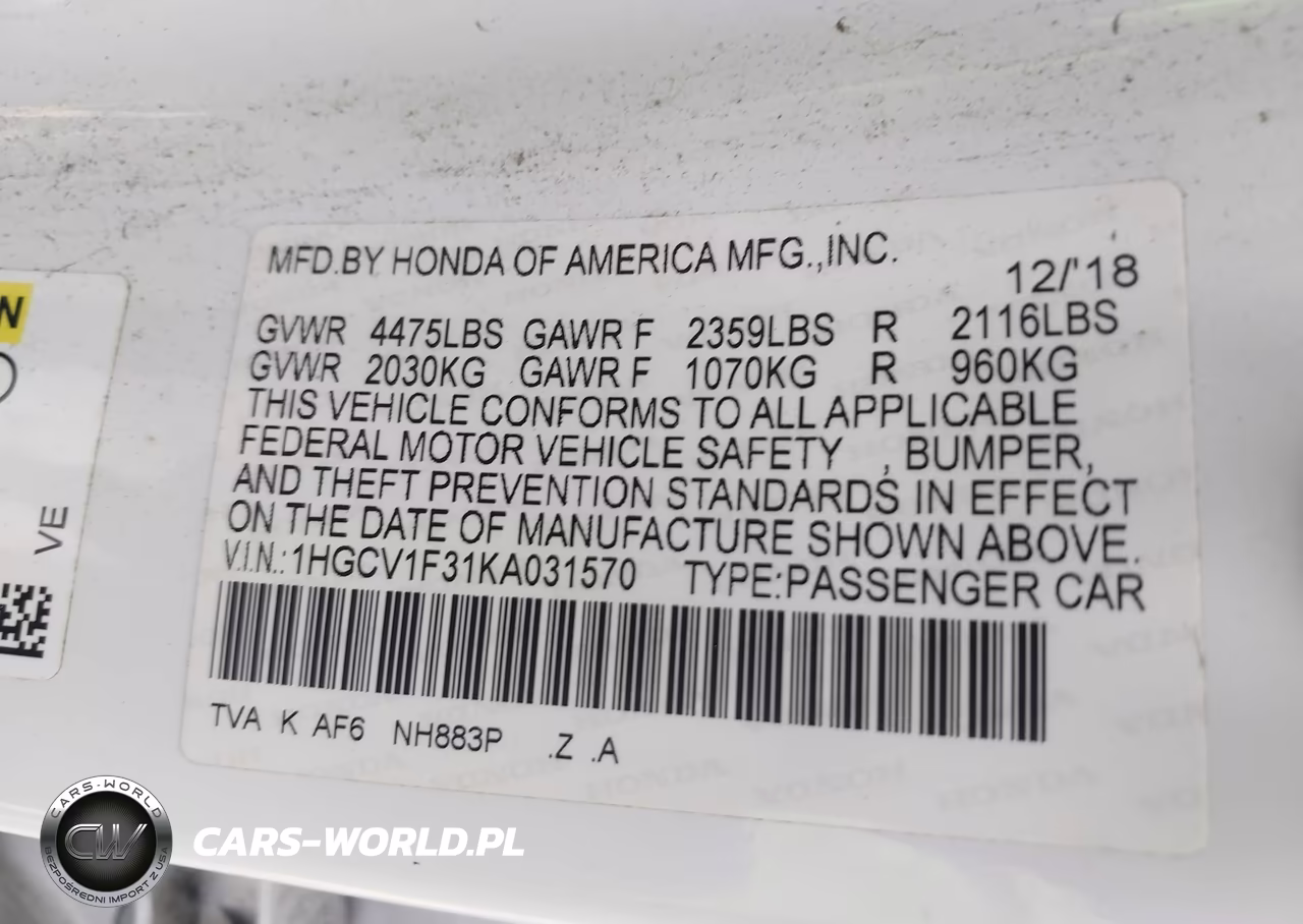 2019 Honda Accord Sport VIN:1HGCV1F31KA031570 - 9