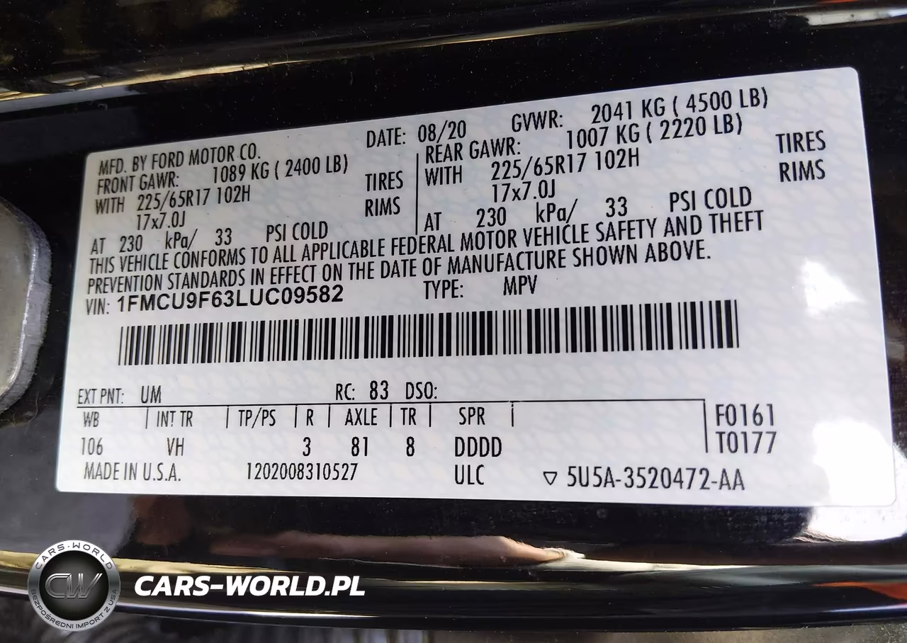 2020 Ford Escape S VIN:1FMCU9F63LUC09582 - 9