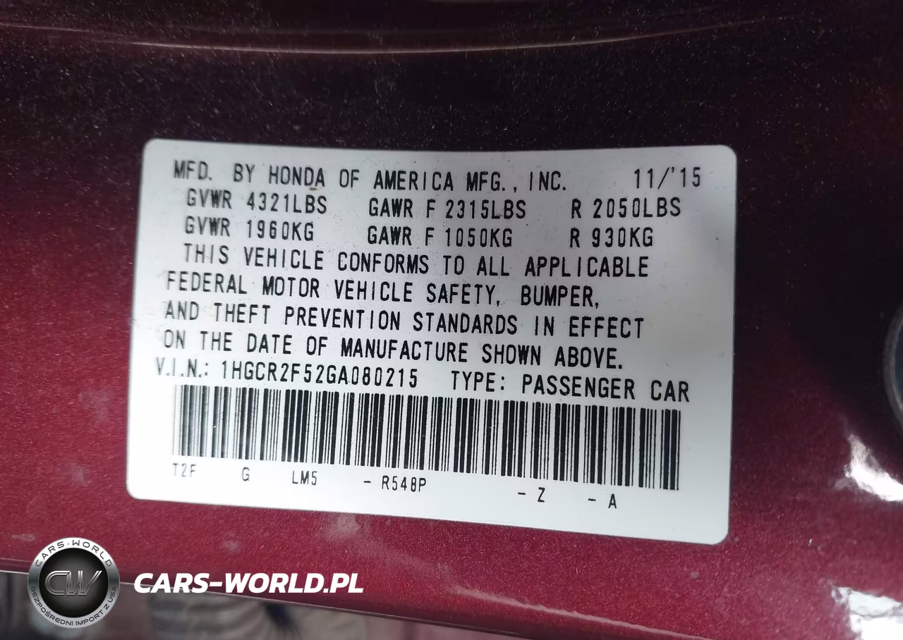 2016 Honda Accord Sport VIN:1HGCR2F52GA080215 - 9