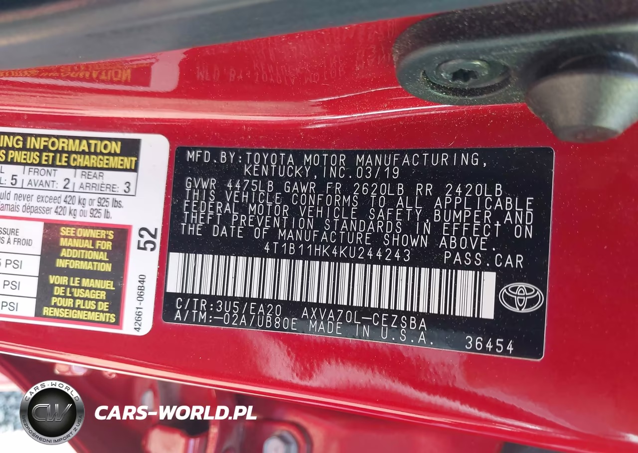 2019 Toyota Camry Se VIN:4T1B11HK4KU244243 - 9