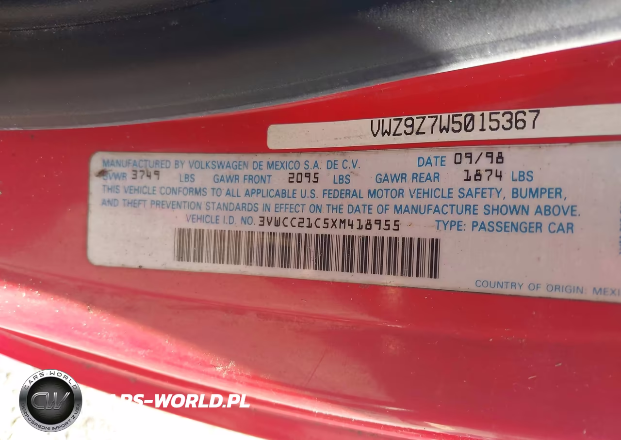 1999 Volkswagen New Beetle Gls VIN:3VWCC21C5XM418955 - 9