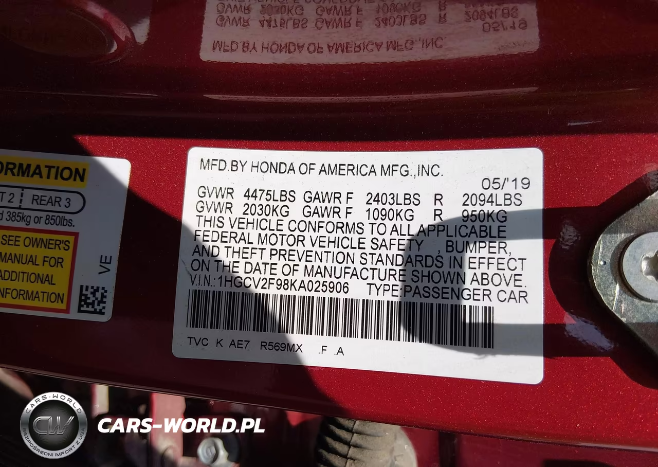 2019 Honda Accord Touring 2.0T VIN:1HGCV2F98KA025906 - 9