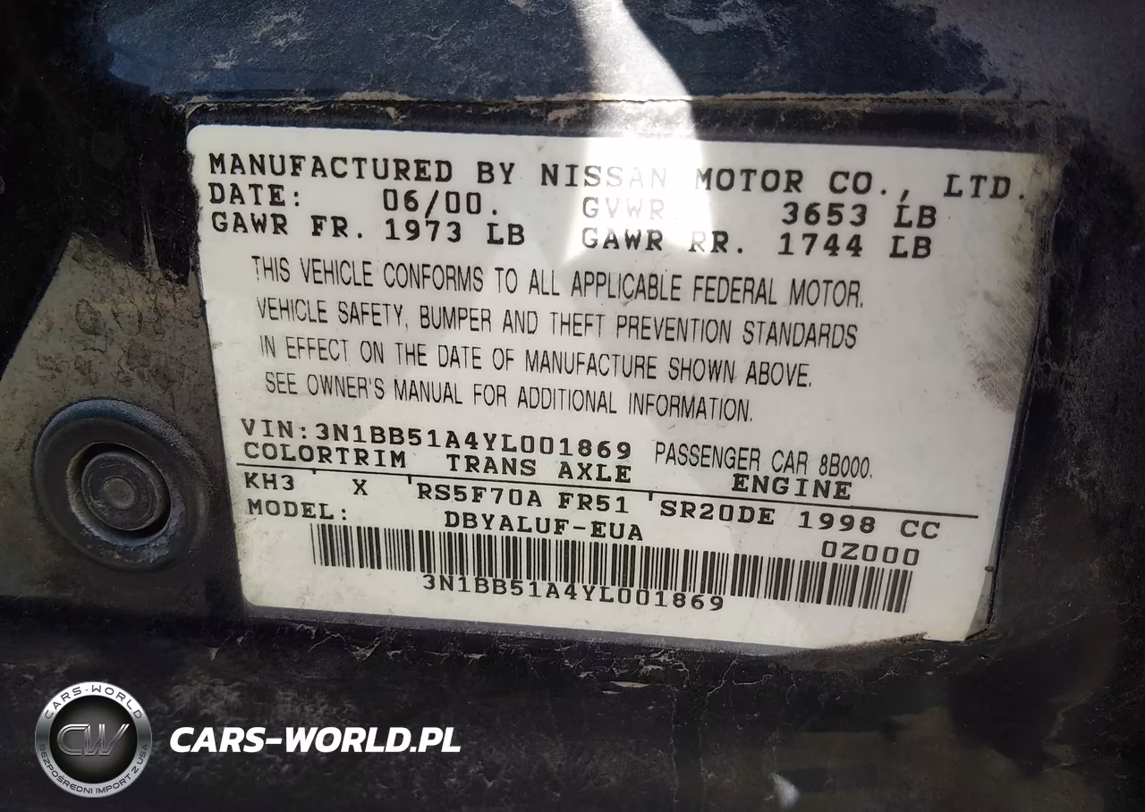 2000 Nissan Sentra Se VIN:3N1BB51A4YL001869 - 9