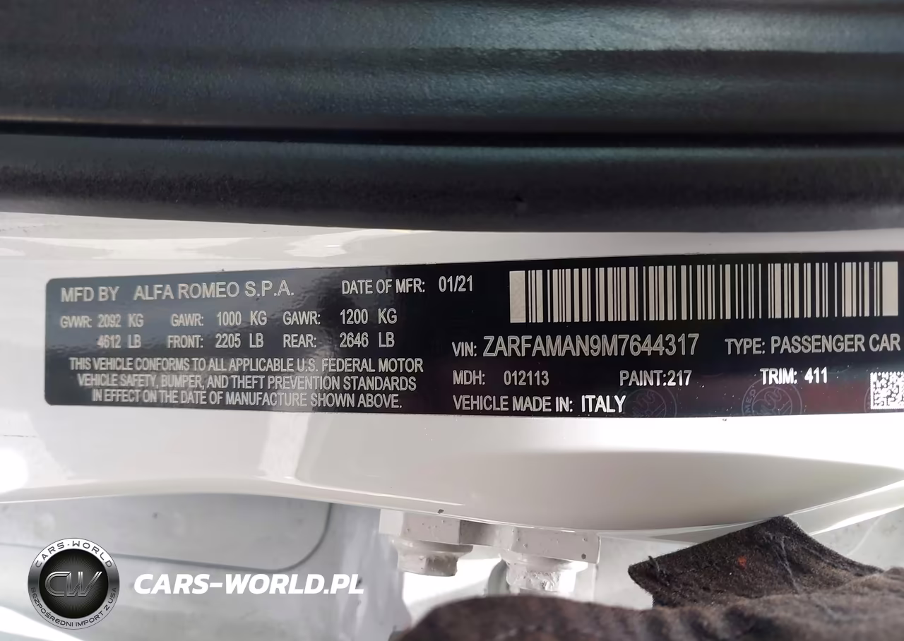 2021 Alfa Romeo Giulia Rwd VIN:ZARFAMAN9M7644317 - 9