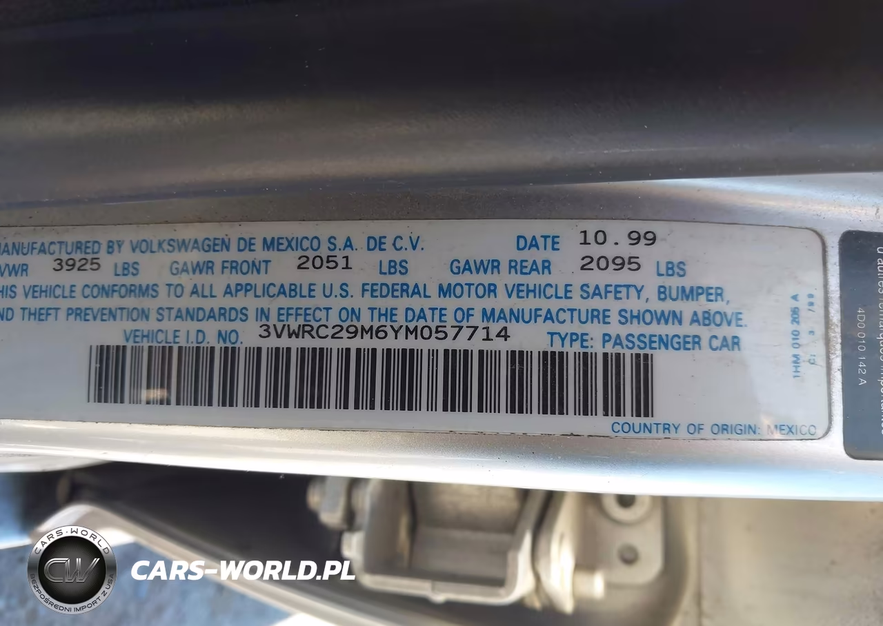 2000 Volkswagen Jetta Gl VIN:3VWRC29M6YM057714 - 9
