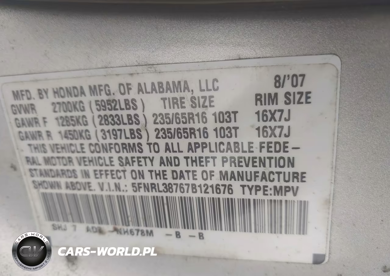 2007 Honda Odyssey Ex-L VIN:5FNRL38767B121676 - 9