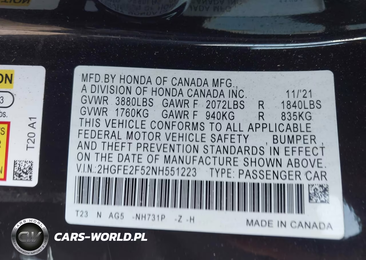 2022 Honda Civic Sport VIN:2HGFE2F52NH551223 - 9