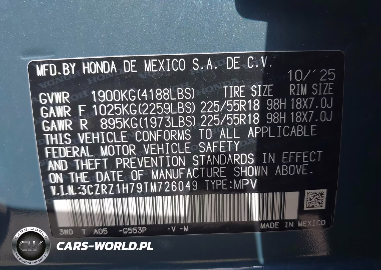 2026 Honda Hr-V 2Wd Ex-L VIN:3CZRZ1H79TM726049 - 9