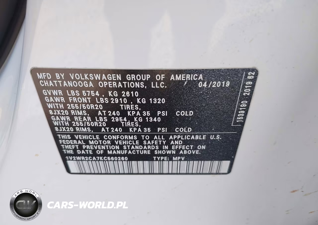 2019 Volkswagen Atlas 3.6L V6 Se W-Technology VIN:1V2WR2CA7KC560260 - 9