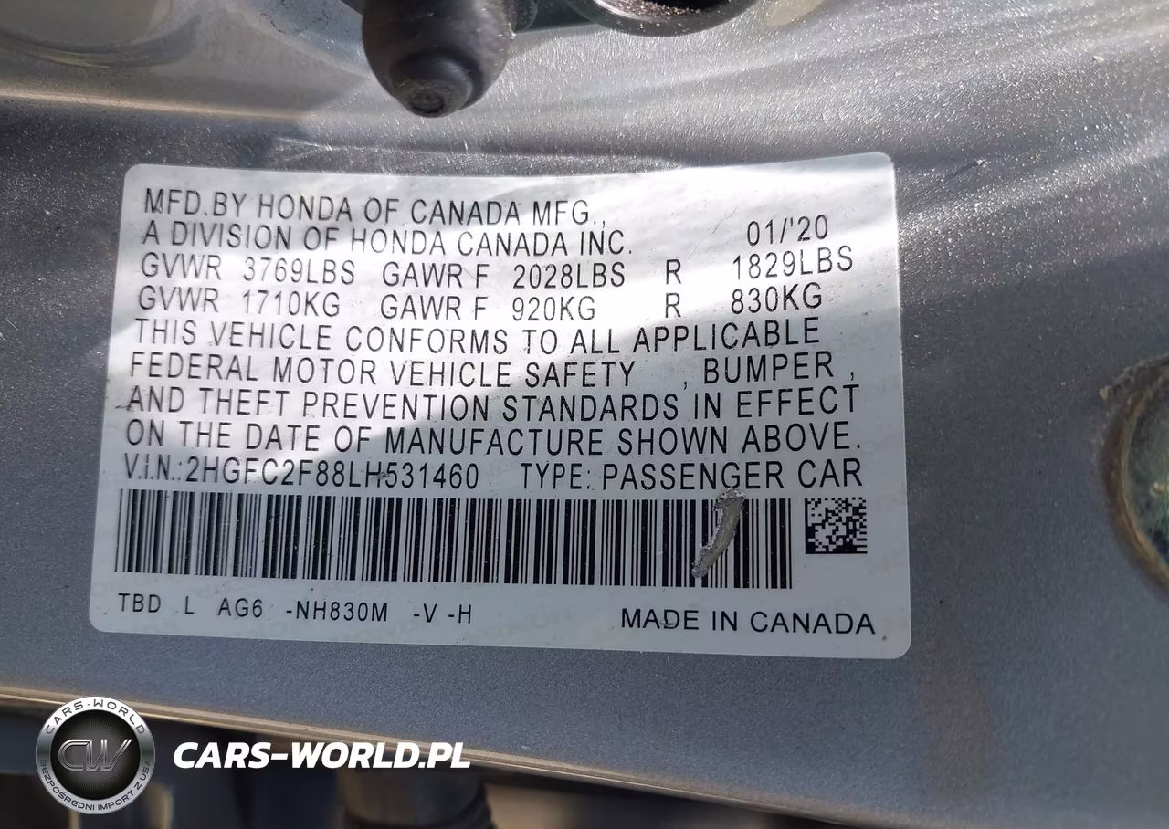 2020 Honda Civic Sport VIN:2HGFC2F88LH531460 - 9