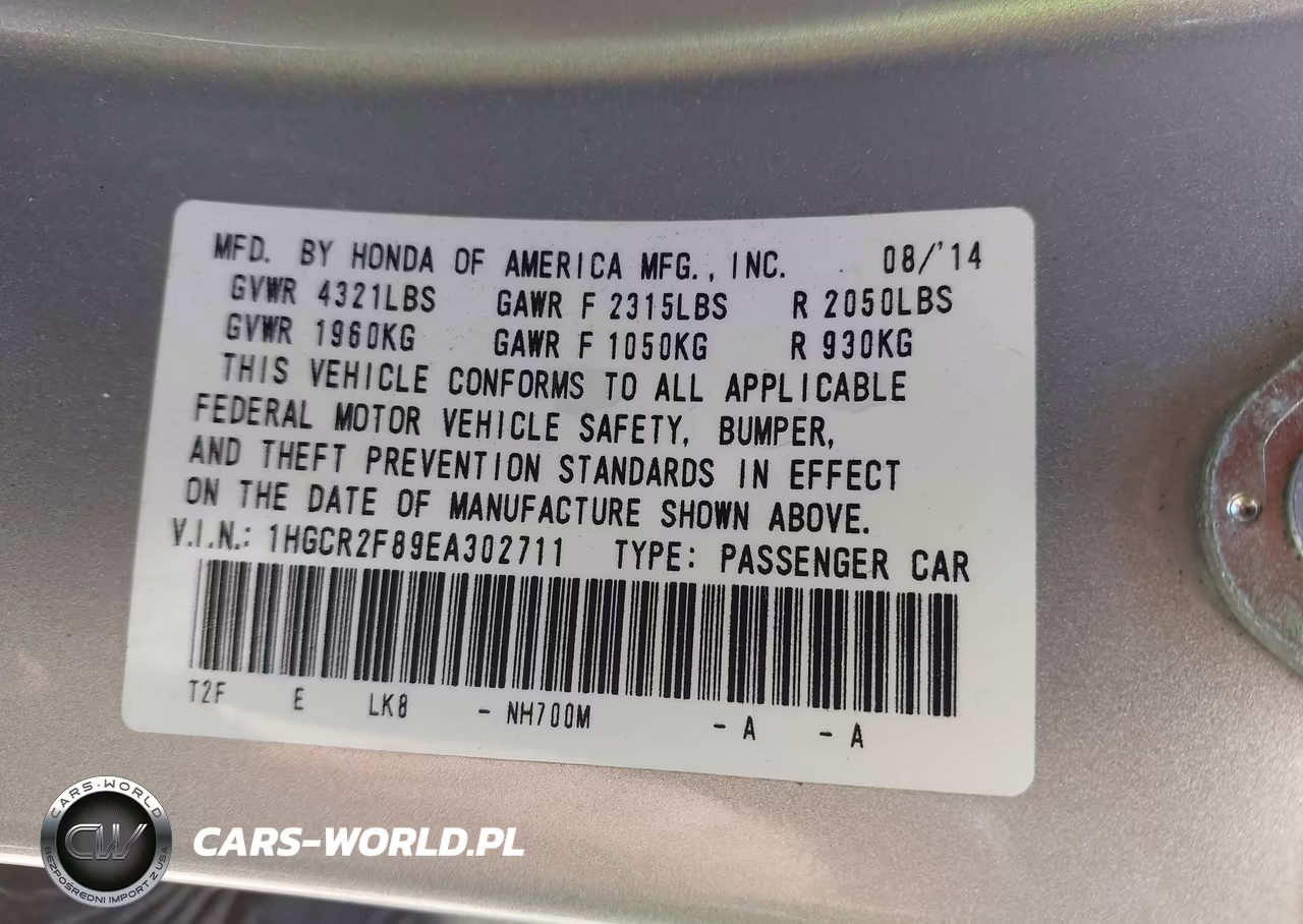 2014 Honda Accord Ex-L VIN:1HGCR2F89EA302711 - 9