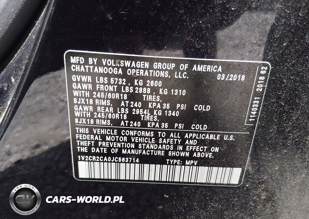 2018 Volkswagen Atlas 3.6L V6 Se VIN:1V2CR2CA0JC563714 - 9