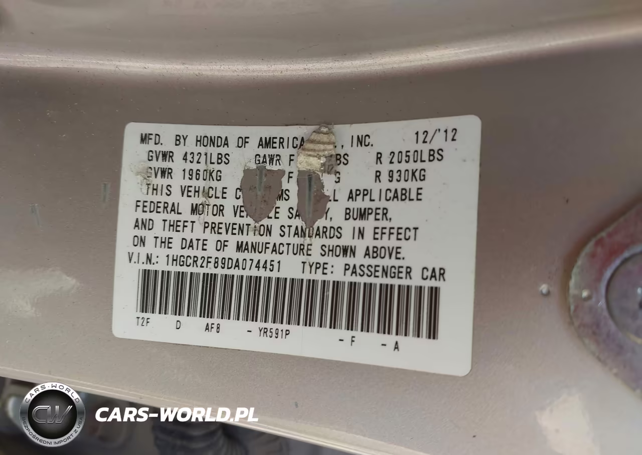 2013 Honda Accord Ex-L VIN:1HGCR2F89DA074451 - 9