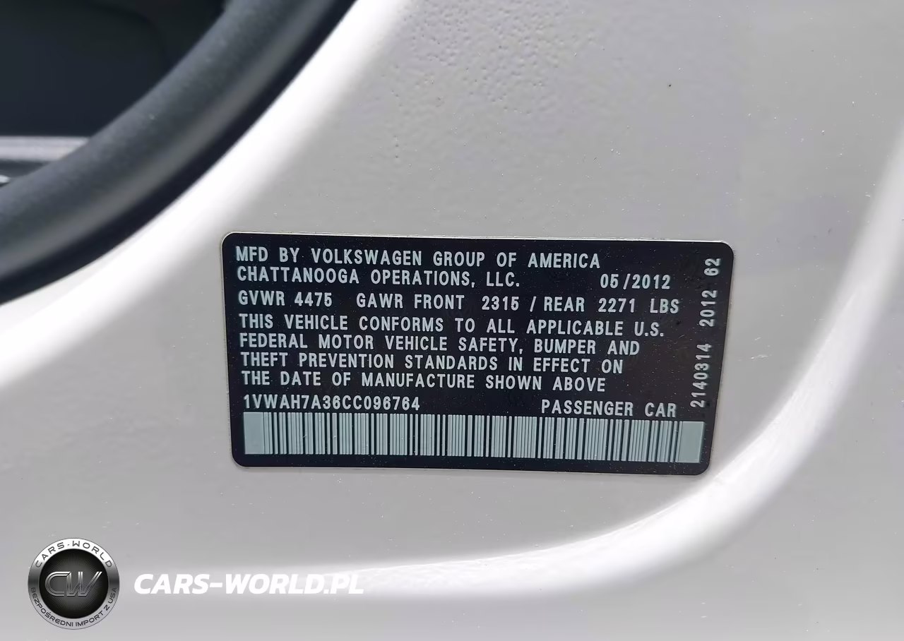 2012 Volkswagen Passat 2.5L S VIN:1VWAH7A36CC096764 - 9
