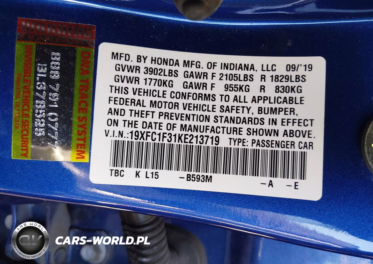 2019 Honda Civic Ex VIN:19XFC1F31KE213719 - 9