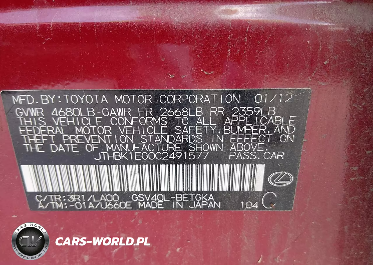 2012 Lexus Es 350 VIN:JTHBK1EG0C2491577 - 9