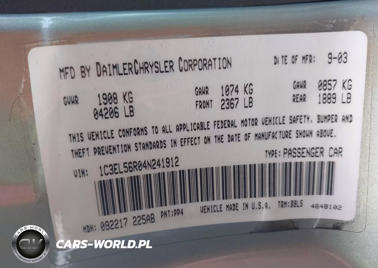 2004 Chrysler Sebring Lxi VIN:1C3EL56R04N241912 - 9