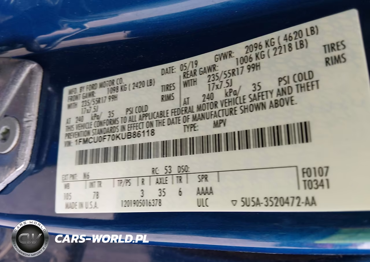2019 Ford Escape S VIN:1FMCU0F70KUB86118 - 9