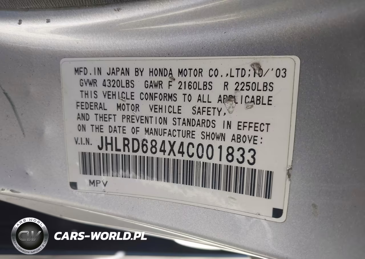 2004 Honda Cr-V Lx VIN:JHLRD684X4C001833 - 9
