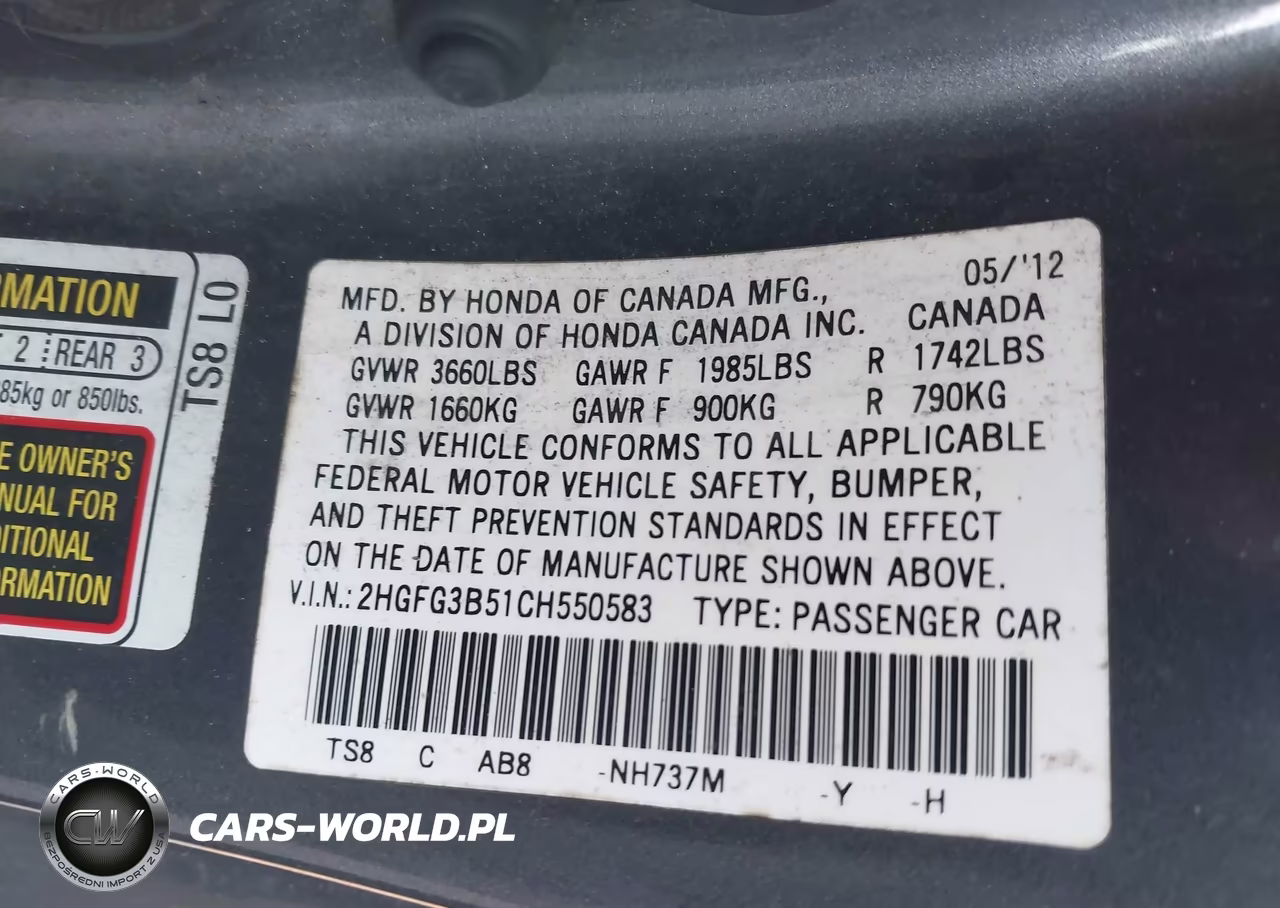 2012 Honda Civic Lx VIN:2HGFG3B51CH550583 - 9