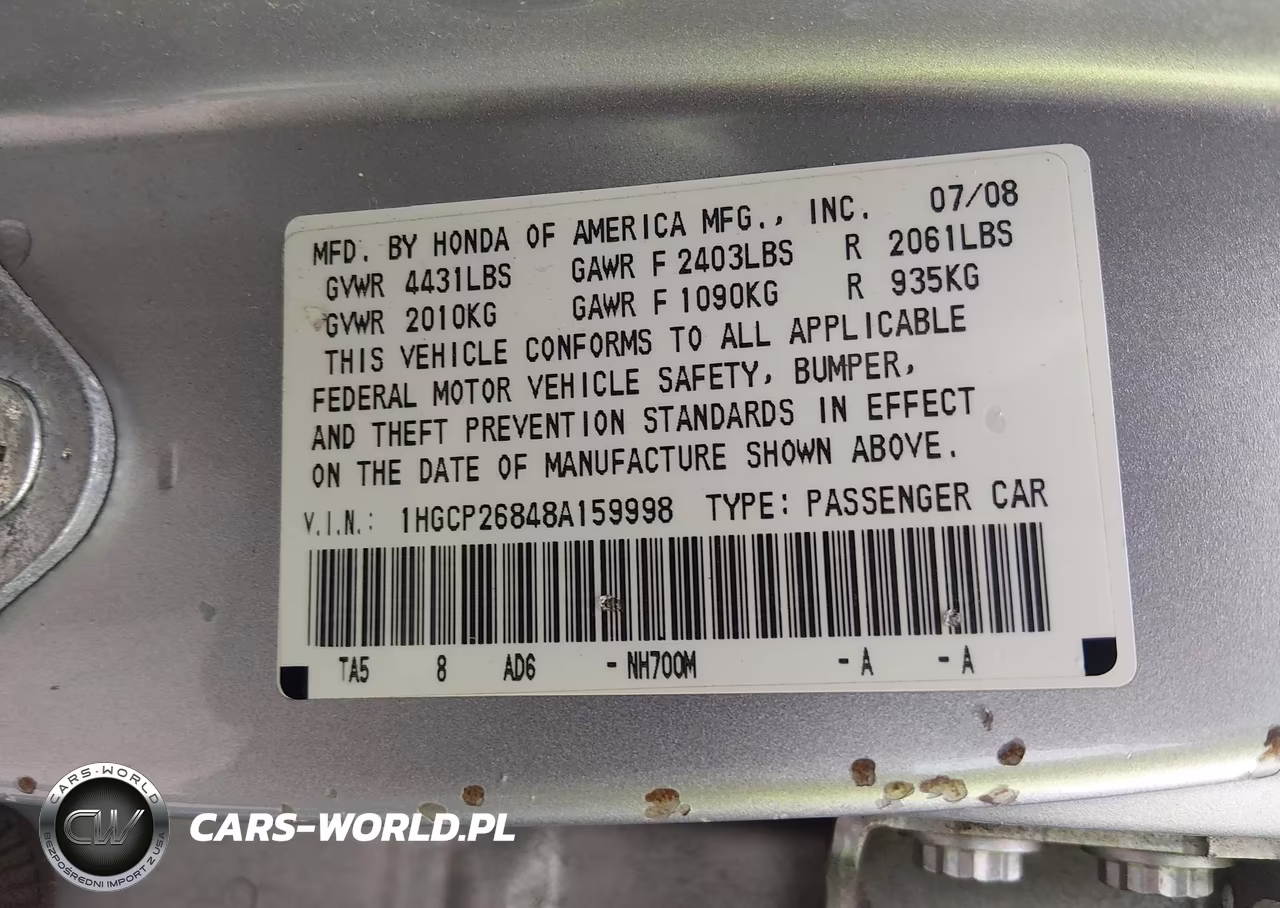 2008 Honda Accord 2.4 Ex-L VIN:1HGCP26848A159998 - 9