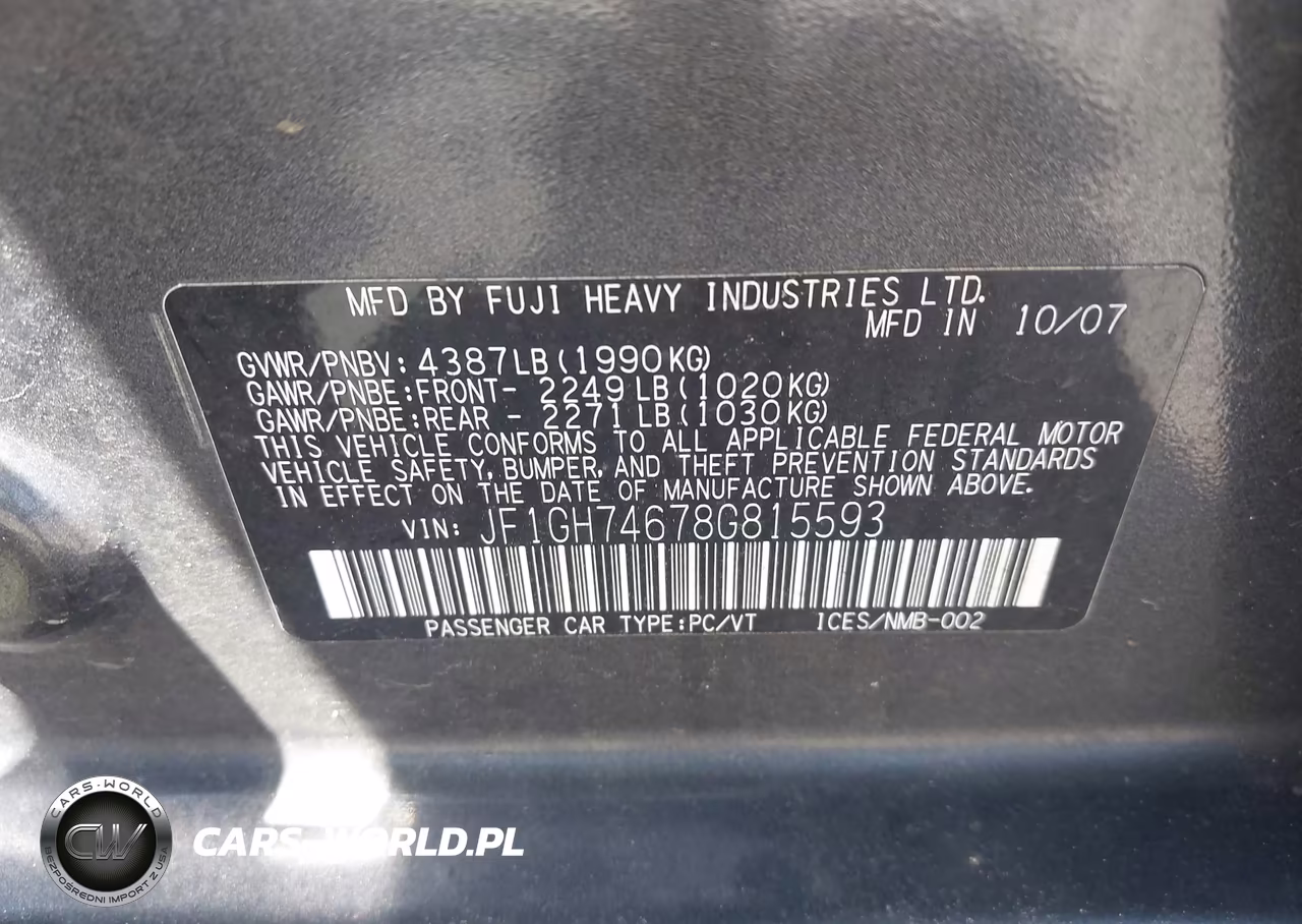 2008 Subaru Impreza Wagon (Natl) Wrx VIN:JF1GH74678G815593 - 9