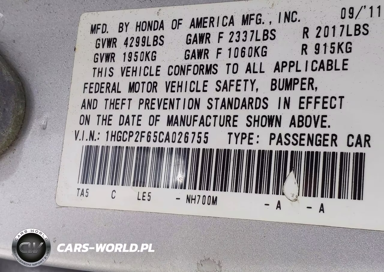 2012 Honda Accord 2.4 Se VIN:1HGCP2F65CA026755 - 9
