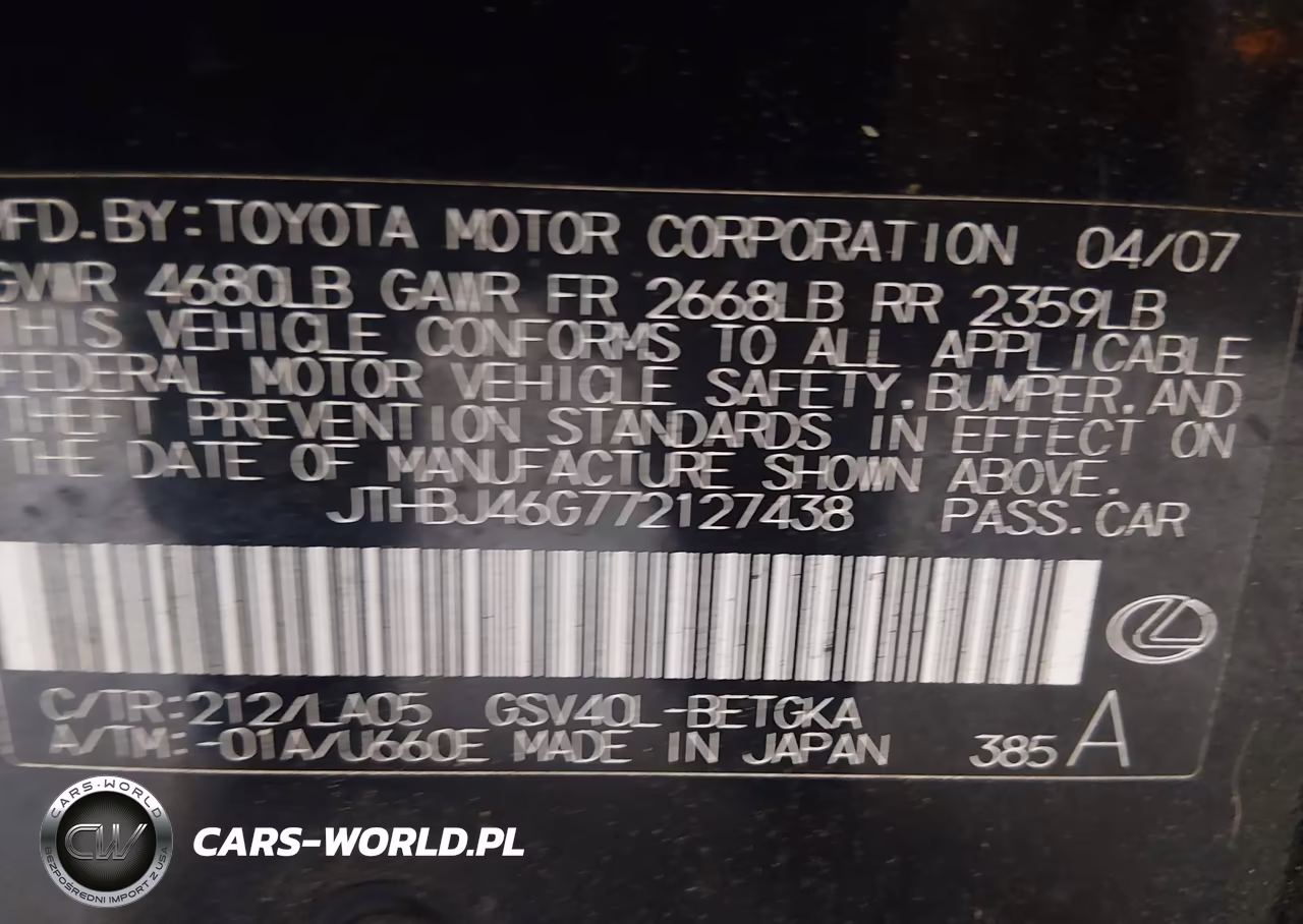 2007 Lexus Es 350 VIN:JTHBJ46G772127438 - 9