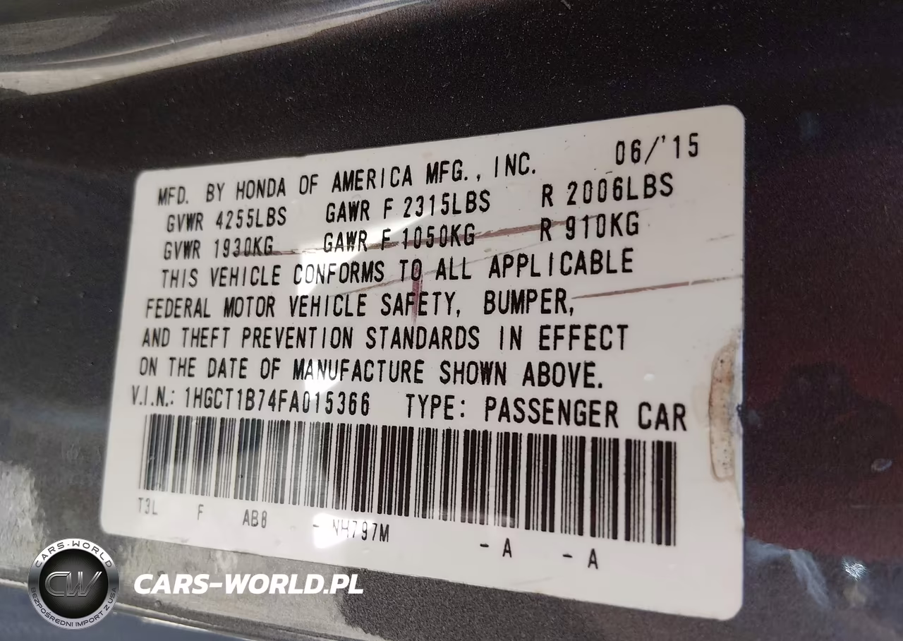 2015 Honda Accord Ex VIN:1HGCT1B74FA015366 - 9
