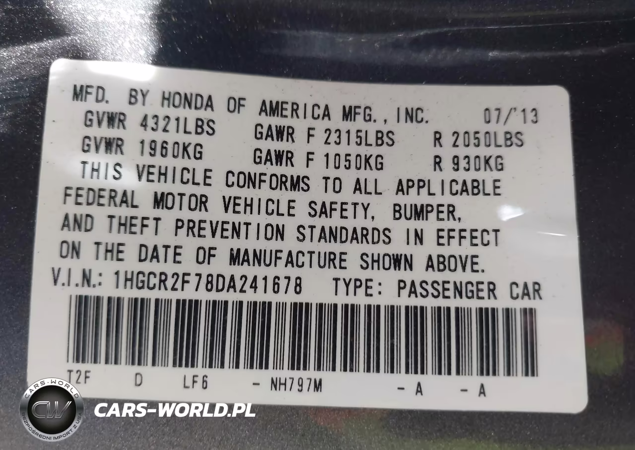 2013 Honda Accord Ex VIN:1HGCR2F78DA241678 - 9