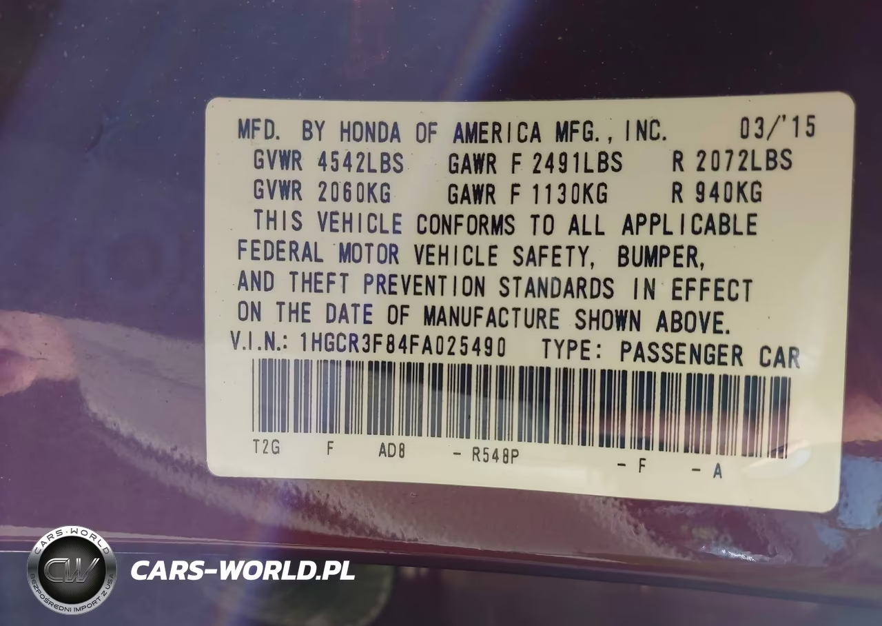 2015 Honda Accord Ex-L V-6 VIN:1HGCR3F84FA025490 - 9