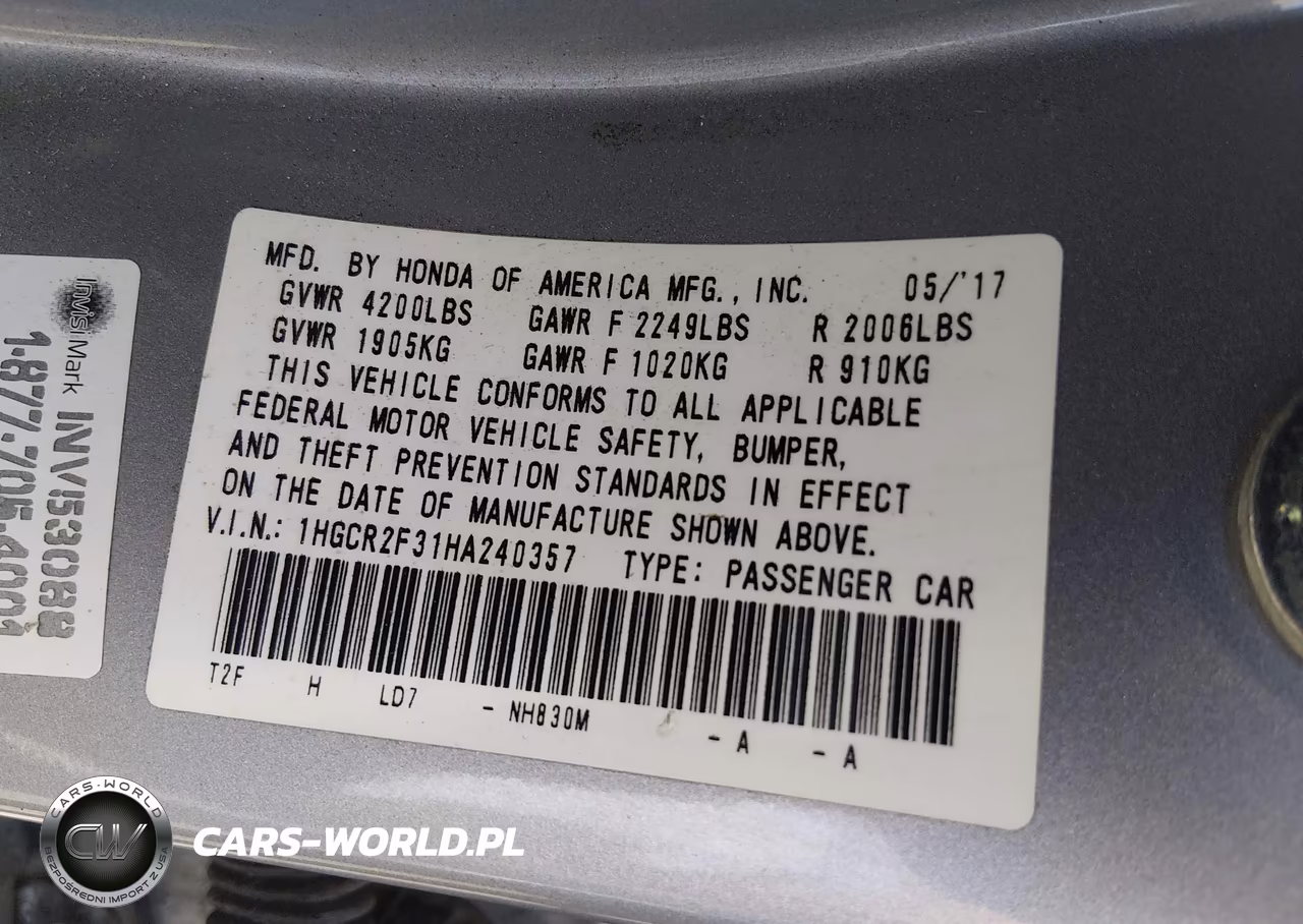 2017 Honda Accord Lx VIN:1HGCR2F31HA240357 - 9