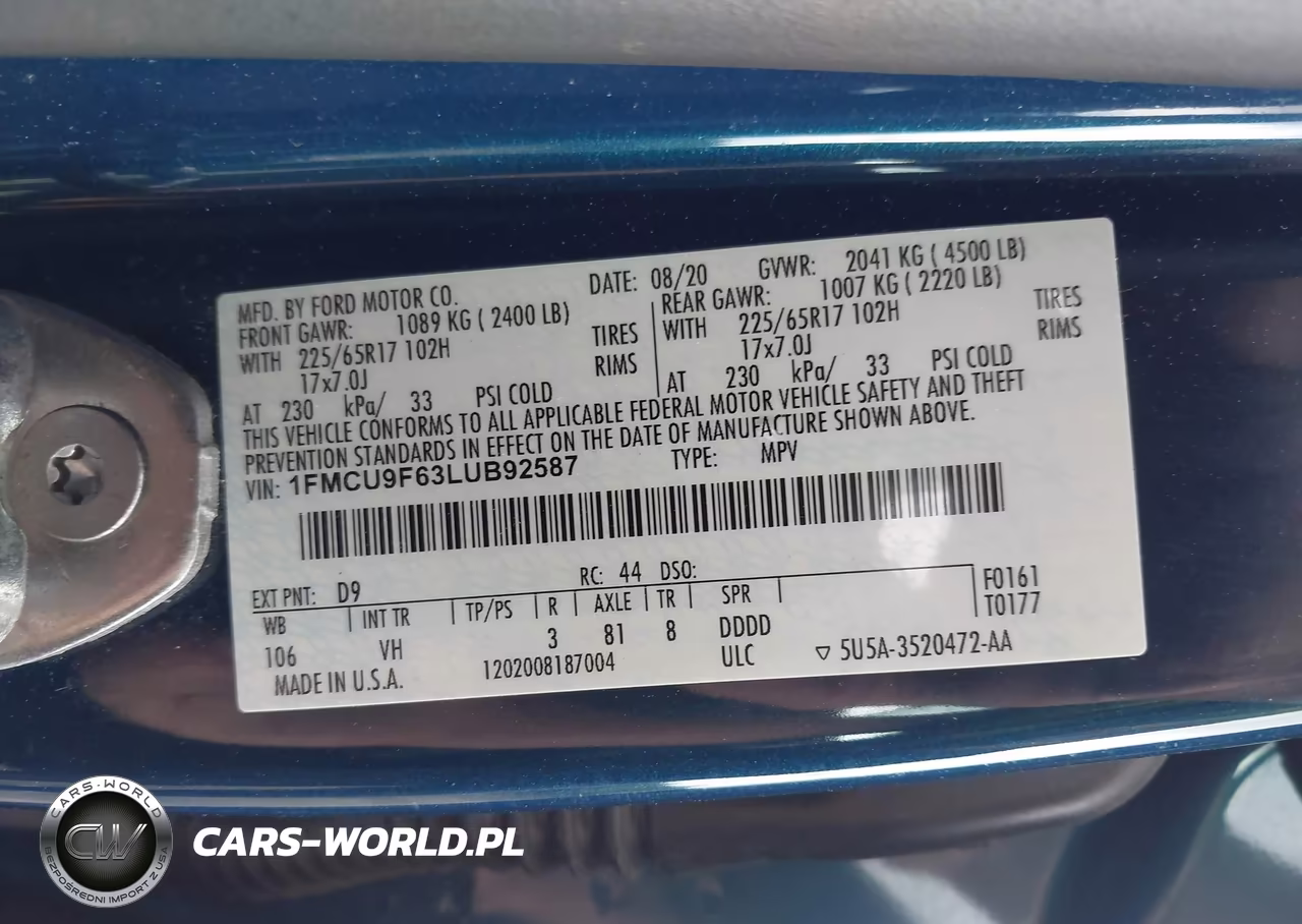 2020 Ford Escape S VIN:1FMCU9F63LUB92587 - 9