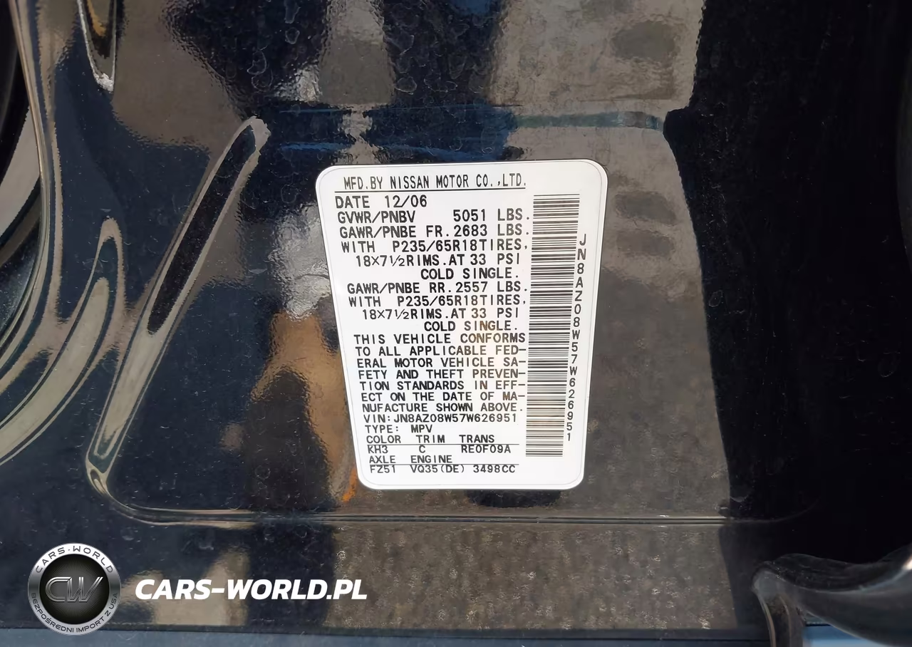 2007 Nissan Murano S VIN:JN8AZ08W57W626951 - 9