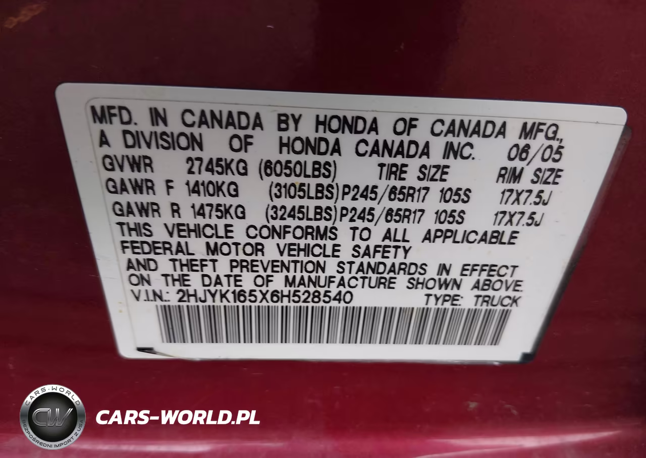 2006 Honda Ridgeline Rtl VIN:2HJYK165X6H528540 - 9