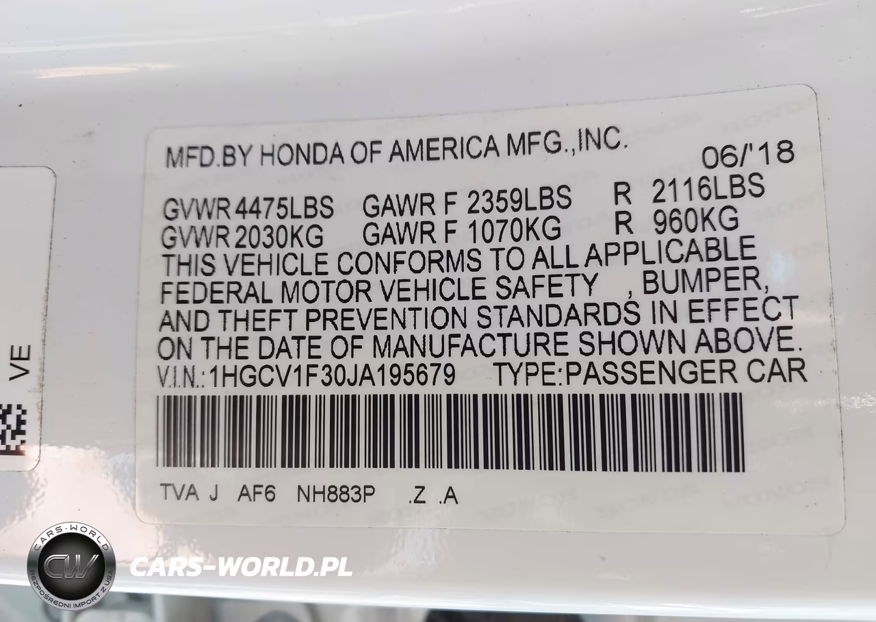 2018 Honda Accord Sport VIN:1HGCV1F30JA195679 - 9