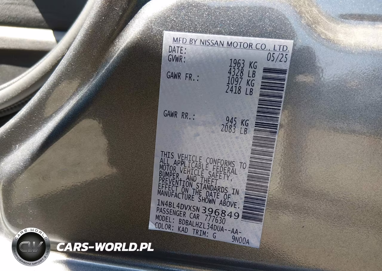2025 Nissan Altima Sv Fwd VIN:1N4BL4DVXSN396849 - 9