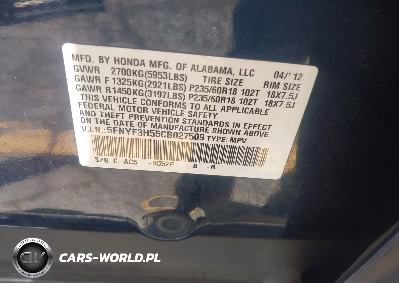 2012 Honda Pilot Ex-L VIN:5FNYF3H55CB027509 - 9