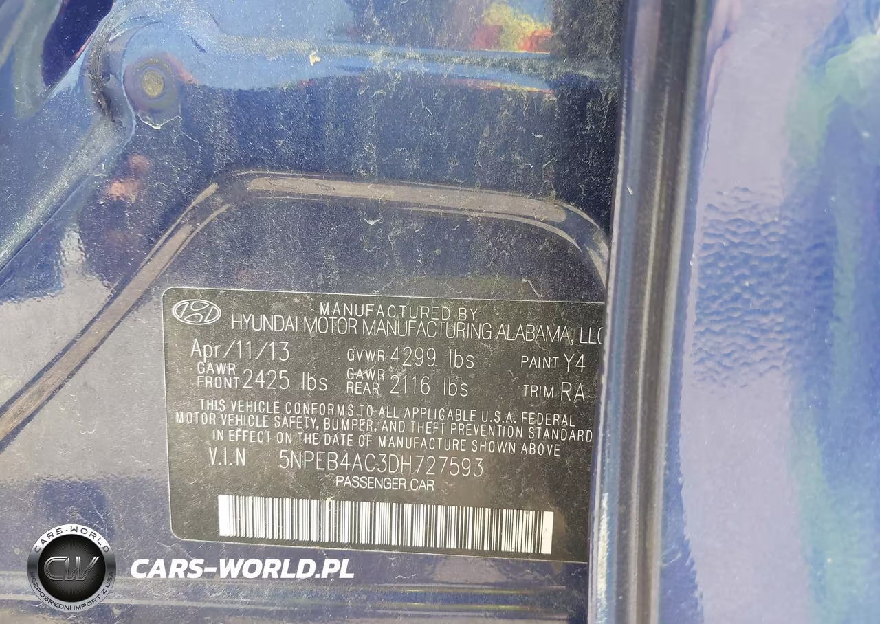 2013 Hyundai Sonata Gls VIN:5NPEB4AC3DH727593 - 9