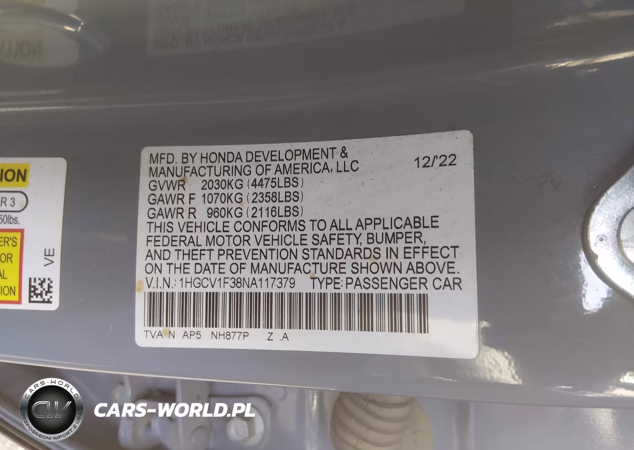 2022 Honda Accord Sport VIN:1HGCV1F38NA117379 - 9