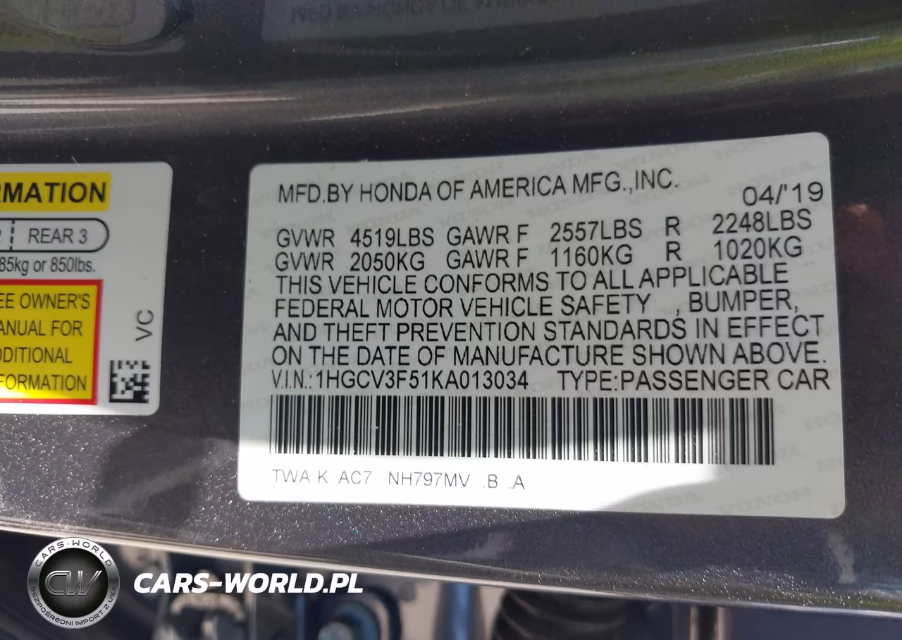 2019 Honda Accord Hybrid Ex-L VIN:1HGCV3F51KA013034 - 9