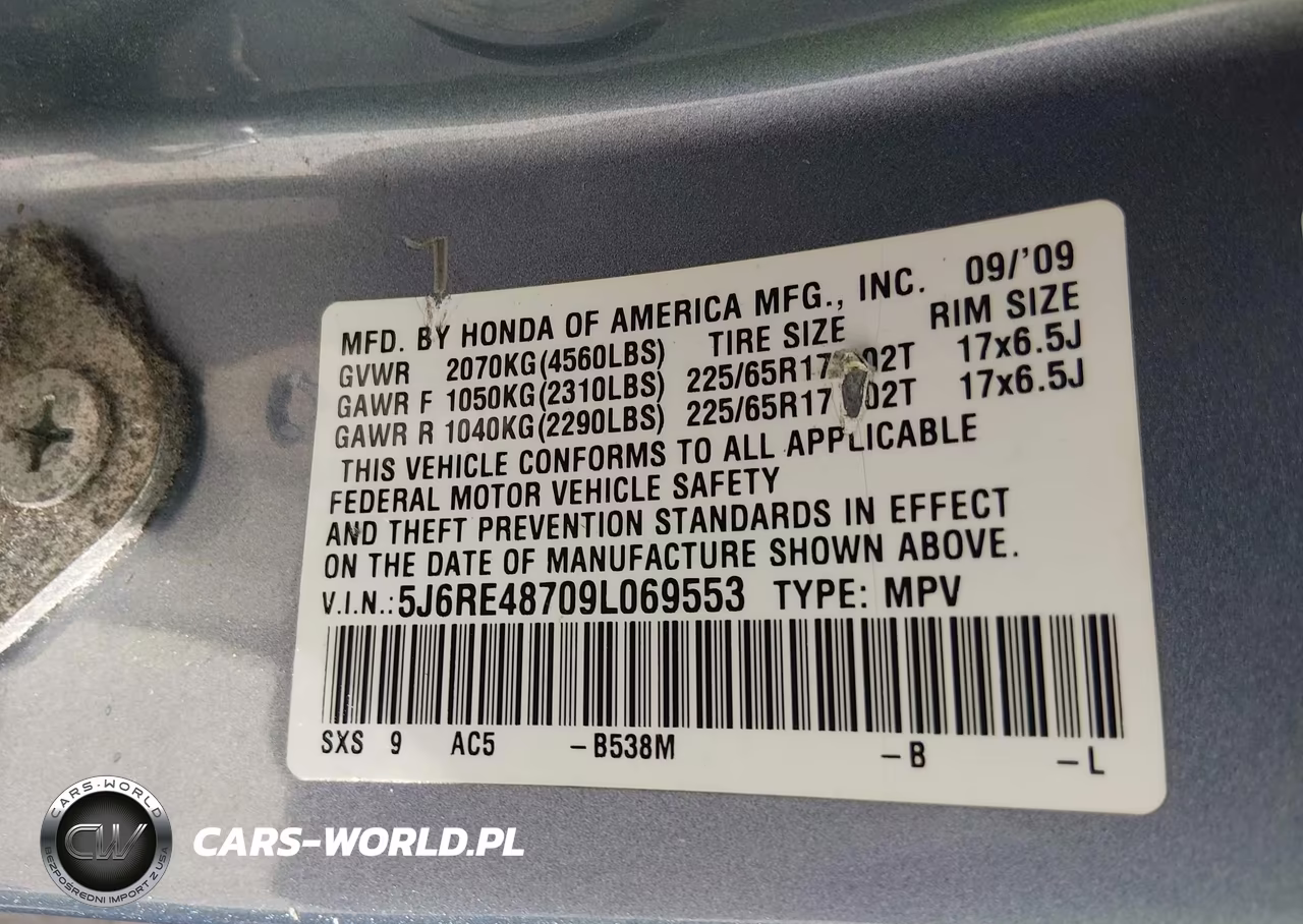 2009 Honda Cr-V Ex-L VIN:5J6RE48709L069553 - 9