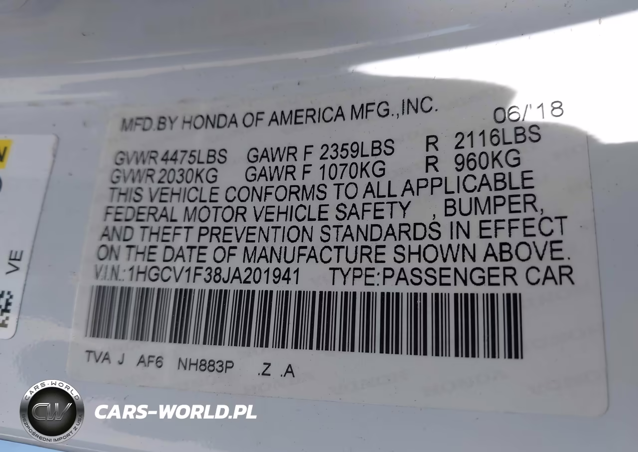 2018 Honda Accord Sport VIN:1HGCV1F38JA201941 - 9